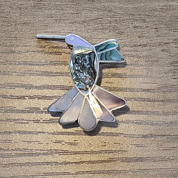 Vintage Alpaca Silver Brooch with Abalone and Mother of Pearl Hummingbird - Picture 5 of 5